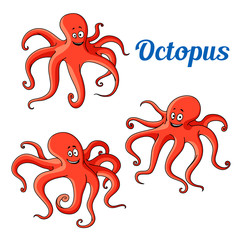 Wall Mural - Funny and joyful cartoon red octopuses