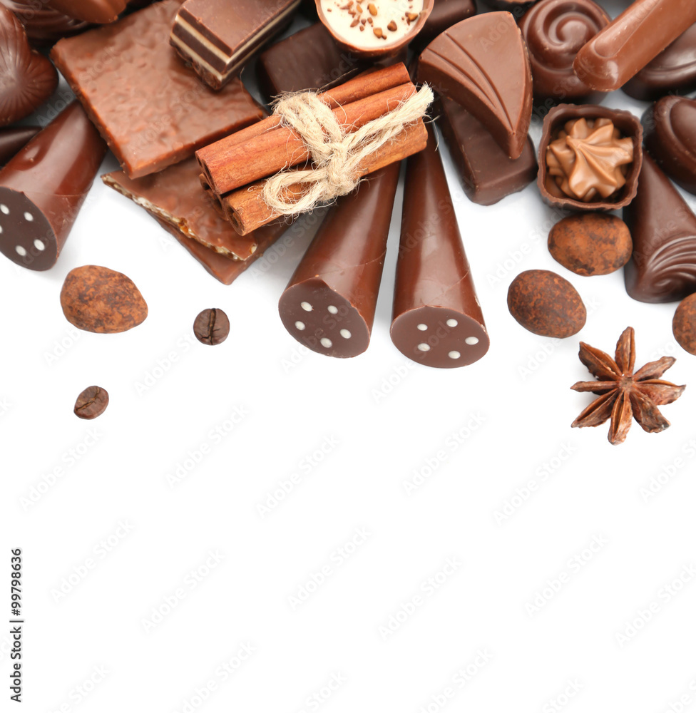 Assorted chocolate candies, isolated on white