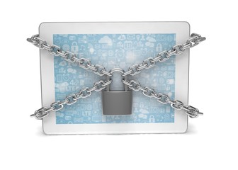 tablet PC with chains and lock isolated on white background