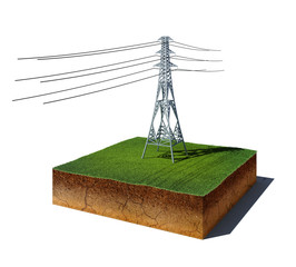 Wall Mural - dirt cube with electricity transmission pylon isolated on white