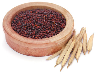 Poster - Fresh mustard in a wooden bowl