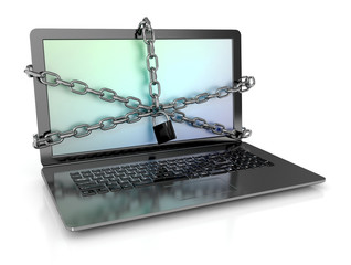 Internet security concept, Broken Firewall on laptop in chain and lock.