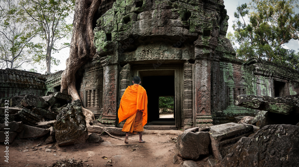 Buddhist monk enters Ta Prom Khmer ancient temple of Angkor Wat site in Cambodia - obrazy, fototapety, plakaty 