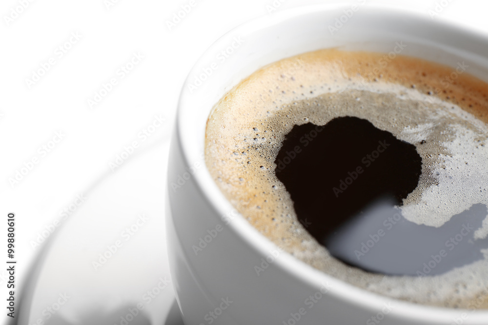 A cup of tasty coffee, isolated on white, close-up