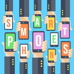 Wall Mural - hands and smartphones. modern vector flat illustration