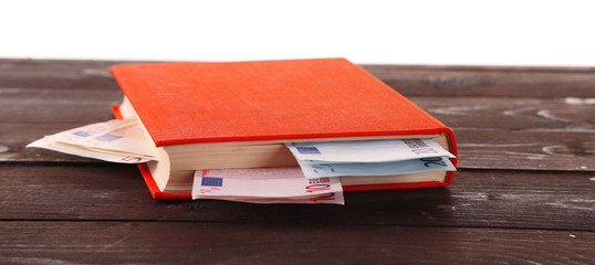 Red book with nested euro banknotes on white background. Stash of money