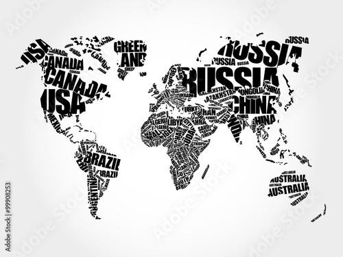 Fototapeta na wymiar World Map in Typography word cloud concept, names of countries