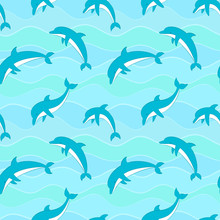 Vector Seamless Pattern With Dolphins On Waves Background.
