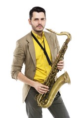 man saxophonist playing saxophone player in studio isolated on w