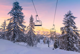 Fototapeta Koty - Winter mountains panorama with ski slopes and ski lifts