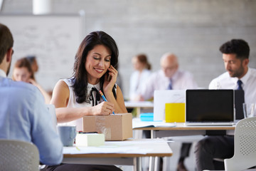 Wall Mural - Businesswoman On Phone Arranging Collection Of Package