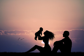 Wall Mural - parents with son at sunset