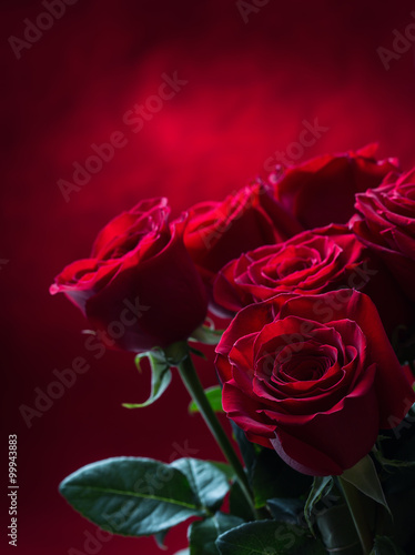 Plakat na zamówienie Rose. Red roses. Bouquet of red roses. Valentines Day, wedding day background. Rose petals and hearts Valentine gift boxes. Valentines and wedding border. Waters drops on roses petals.