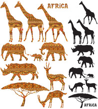 African Animal Silhouettes / Set Of African Animal Silhouettes In 2 Versions: Black And Pattern Filled.
