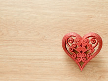 Valentines Day Background With Red Glitter Heart On Wood Floor. Love And Valentine Concept.