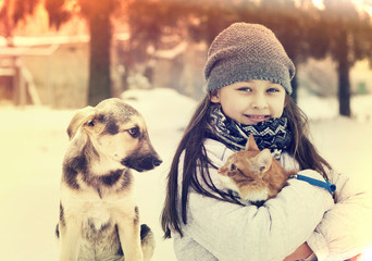 Wall Mural - girl and cat and dog