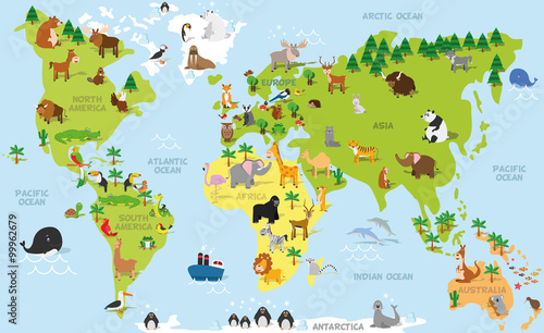 Nowoczesny obraz na płótnie Funny cartoon world map with traditional animals of all the continents and oceans. Vector illustration for preschool education and kids design