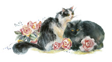 花のある水彩画の猫 無料画像 - Public Domain Pictures
