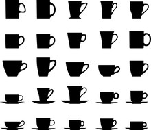 Set Of Different Silhouettes Tea Cups Isolated On White Background. Vector Illustration.