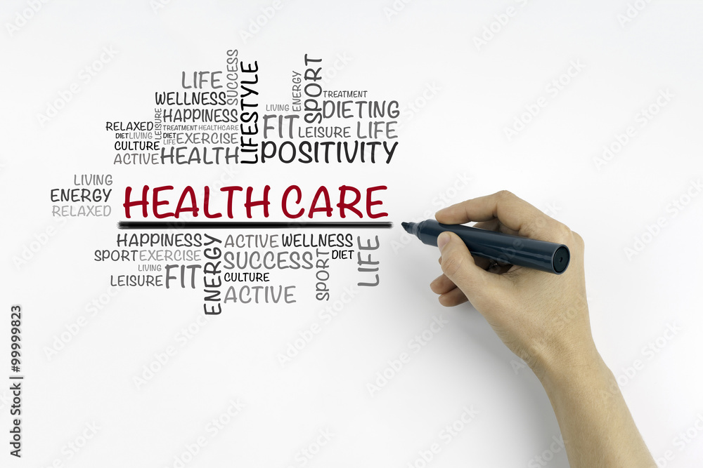 Hand with marker writing Health care word cloud, fitness, sport, - obrazy, fototapety, plakaty 