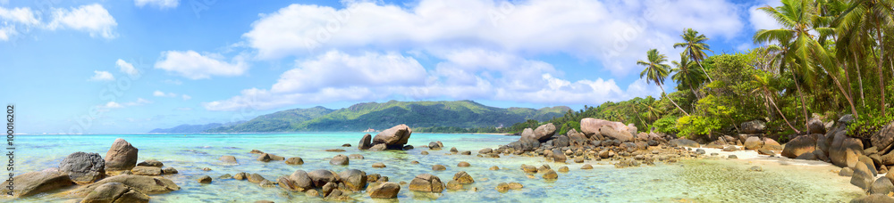 Tropical beach panorama with palms and rocks, Mahe Island, Seychelles - obrazy, fototapety, plakaty 