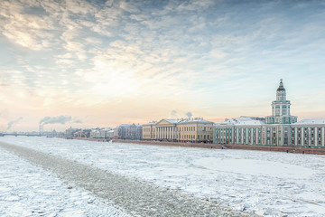 Neva river in winter, embankment of Vasilevsky Island, Saint Pet