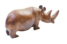 Rhinoceros Rhino Sculpture Made Of Carved Brown Wood Isolated Over White Background