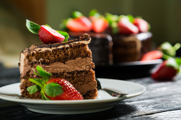 Chocolate cake with fresh strawberries