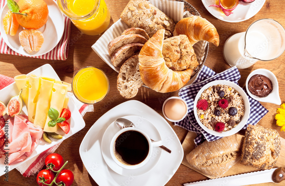 Top view of breakfast - obrazy, fototapety, plakaty 