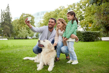 Poster - happy family with dog taking selfie by smartphone