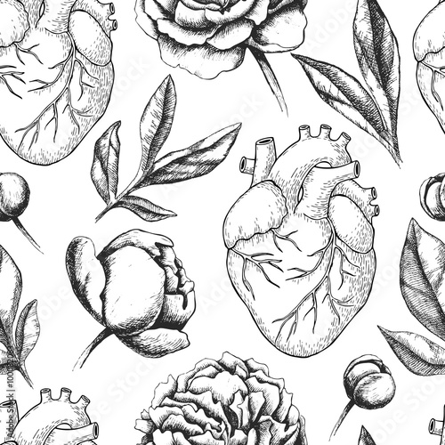 Cotton fabric Vector seamless pattern with anatomical human heart and botanica