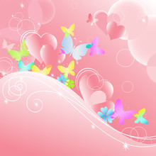 Beautiful Pink Background With Iridescent Butterflies And Hearts