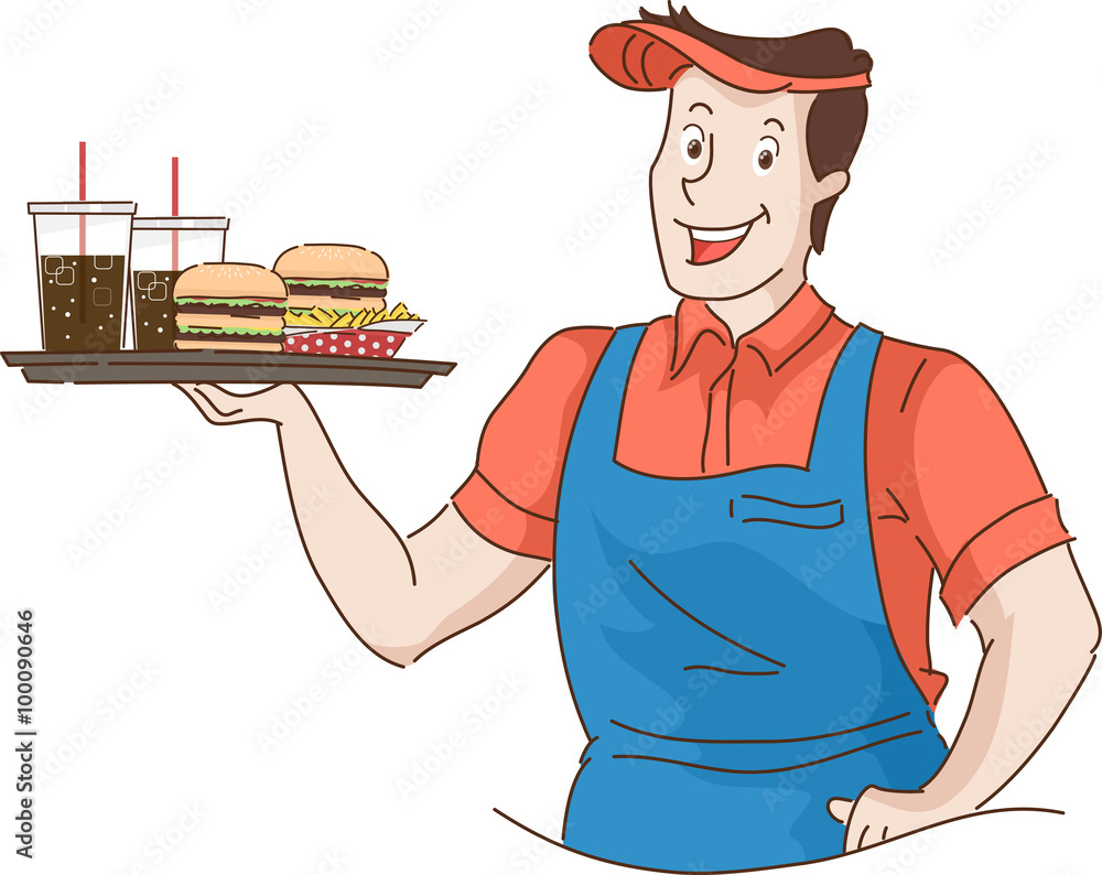 Man Retro Waiter Carrying Fast Food Tray Stock Vector | Adobe Stock, image size:1000x794