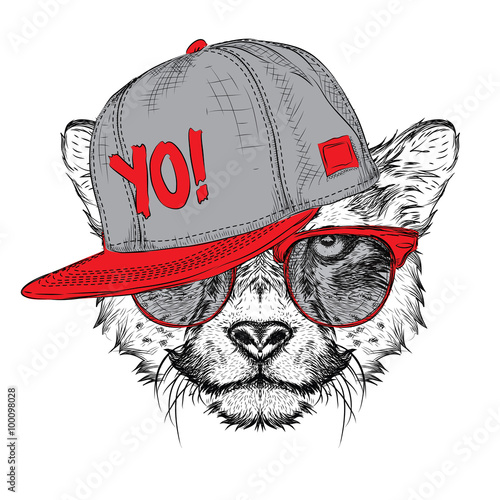 Fotografie, Obraz The poster with the image cheetah portrait in hip-hop hat