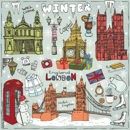 Dekoracja na wymiar  zestaw-zabytkow-zimy-w-londynie-kolorowe-doodle-szkicowy