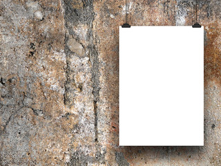 Poster - Single hanged paper sheet frame with clips on brown concrete wall background