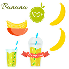 Banana Fruit And Juice Cup To Go Vector Set. Bananas Branch Fruit In Bowl. Banana Logo. Banana Juice Or Jam Branding Set. Banana Silhouette For Package. Organic Banana.