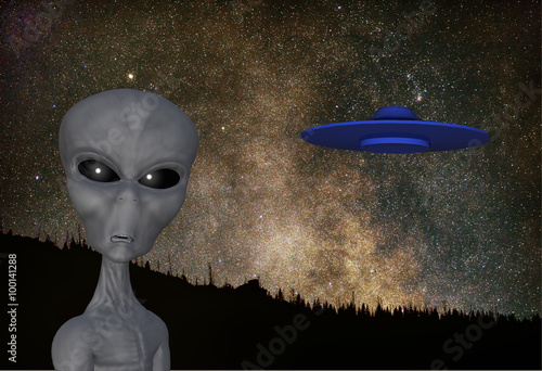 rendered illustration of an alien flying saucer with a background of an astrono плакат
