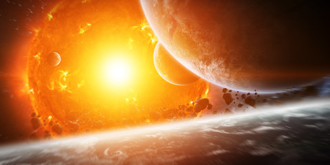 Wall Mural - exploding sun in space close to planet