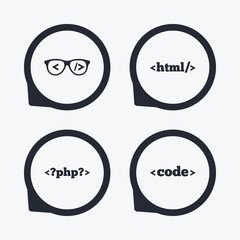 Programmer coder glasses. HTML markup language.