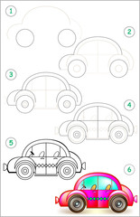 Wall Mural - Page shows how to learn step by step to draw car. Developing children skills for drawing and coloring. Vector image.