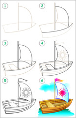 Wall Mural - Page shows how to learn step by step to draw a boat. Developing children skills for drawing and coloring. Vector image.