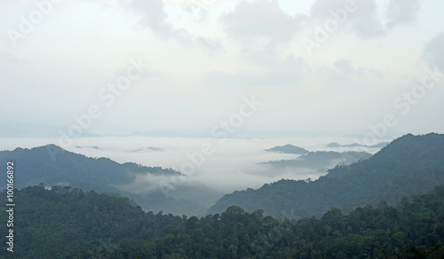 Fotografía misty mountain hills landscape, layers of mountains with fog
