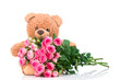 Bunch of roses and a teddy bear on white background