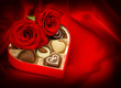 Red roses and chocolate candy. Gift box. Heart. Love