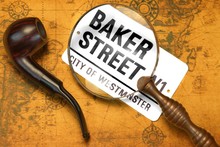Sign BAKER STREET, Smoking Pipe, Magnifier On The OLD Map