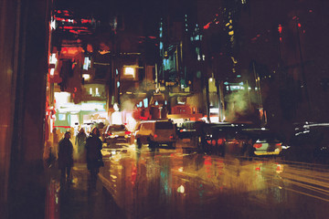 painting of night street with colorful lights