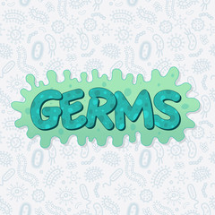 Green germs text on a background of bacteria