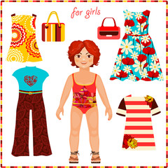 Paper doll with a set of fashion clothes. Cute girl. Template fo