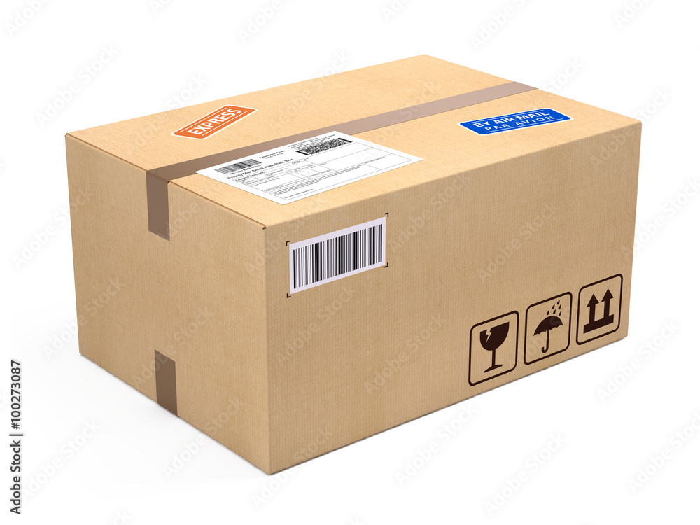 cardboard box package parcel isolated on white - shipping concept - obrazy, fototapety, plakaty 